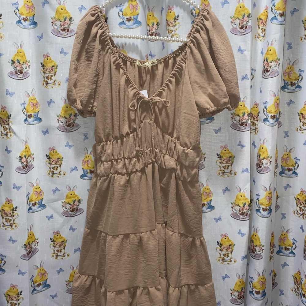 Liberty Love Tan Puff Sleeve Midi Dress